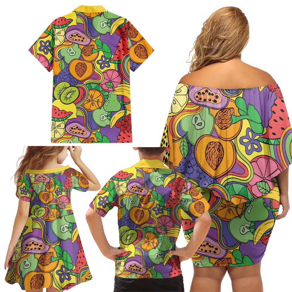 Hawaii Fruits Hippie Style Family Matching Off Shoulder Short Dress and Hawaiian Shirt Vibrant Colorful