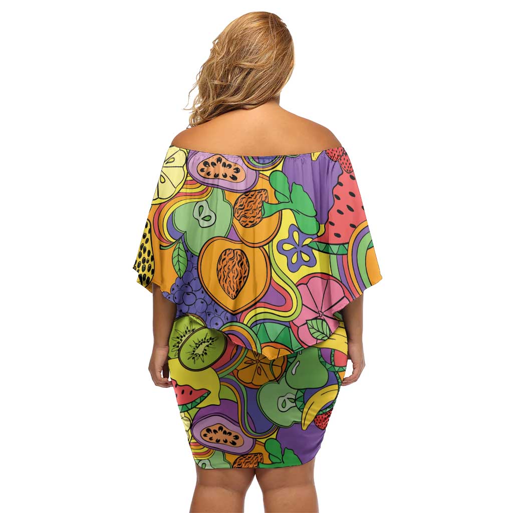 Hawaii Fruits Hippie Style Family Matching Off Shoulder Short Dress and Hawaiian Shirt Vibrant Colorful