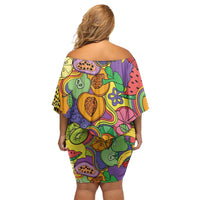 Hawaii Fruits Hippie Style Family Matching Off Shoulder Short Dress and Hawaiian Shirt Vibrant Colorful