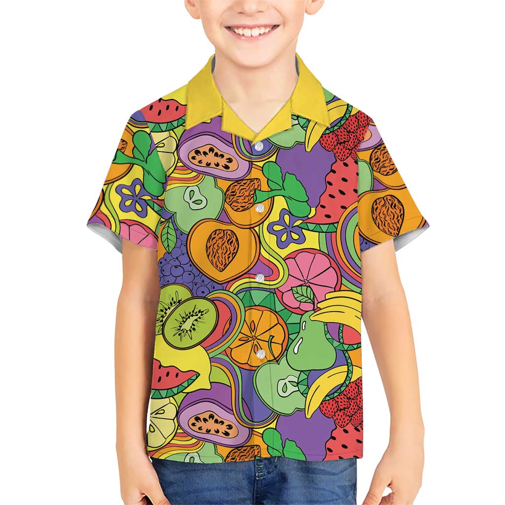 Hawaii Fruits Hippie Style Family Matching Off Shoulder Short Dress and Hawaiian Shirt Vibrant Colorful