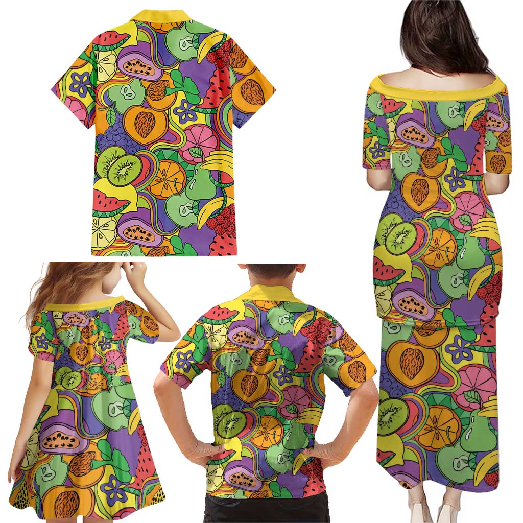Hawaii Fruits Hippie Style Family Matching Puletasi and Hawaiian Shirt Vibrant Colorful