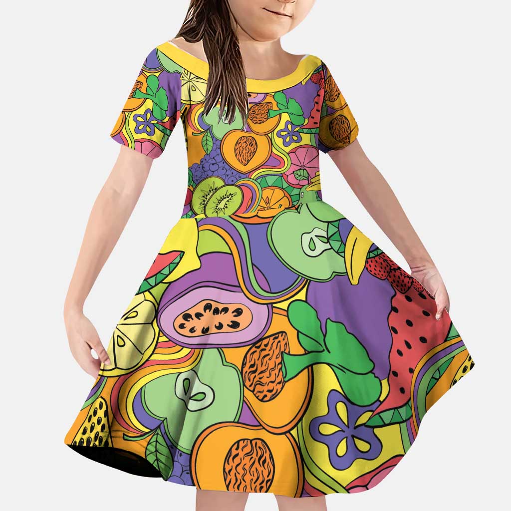 Hawaii Fruits Hippie Style Family Matching Short Sleeve Bodycon Dress and Hawaiian Shirt Vibrant Colorful
