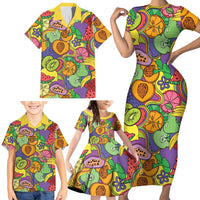 Hawaii Fruits Hippie Style Family Matching Short Sleeve Bodycon Dress and Hawaiian Shirt Vibrant Colorful