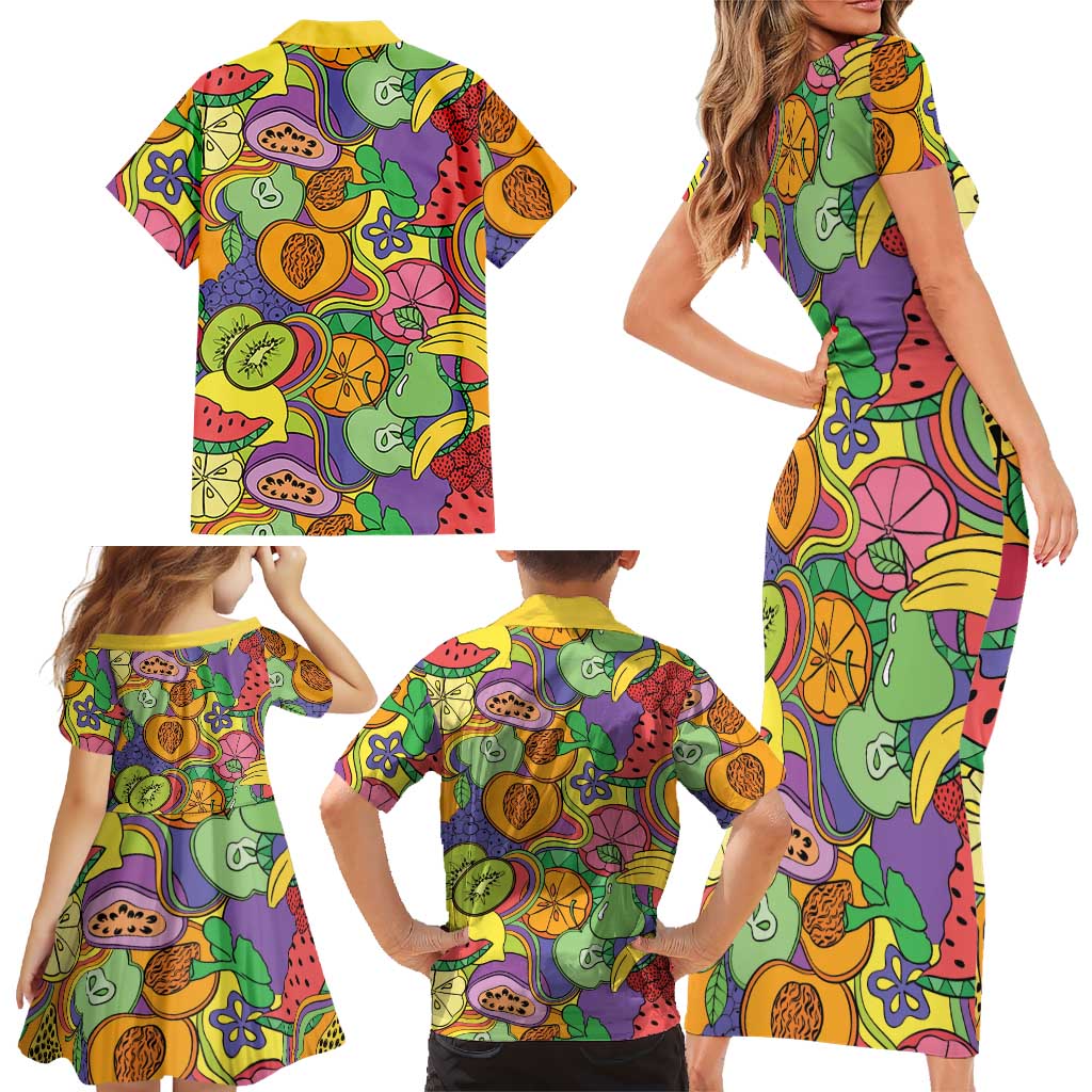 Hawaii Fruits Hippie Style Family Matching Short Sleeve Bodycon Dress and Hawaiian Shirt Vibrant Colorful