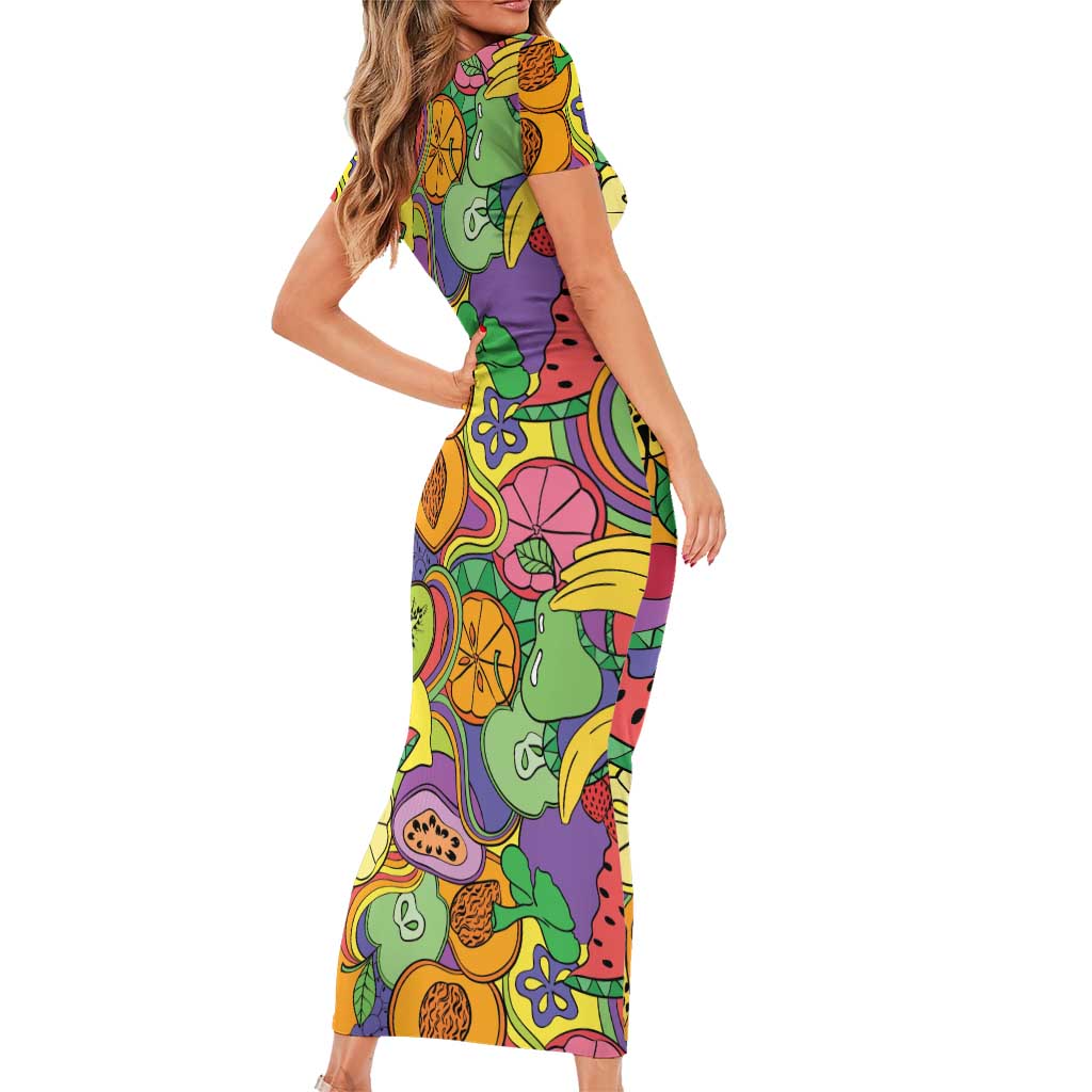 Hawaii Fruits Hippie Style Family Matching Short Sleeve Bodycon Dress and Hawaiian Shirt Vibrant Colorful