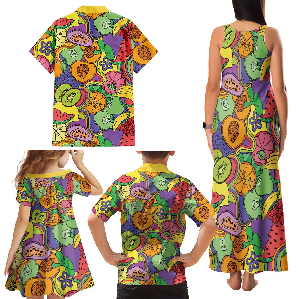 Hawaii Fruits Hippie Style Family Matching Tank Maxi Dress and Hawaiian Shirt Vibrant Colorful