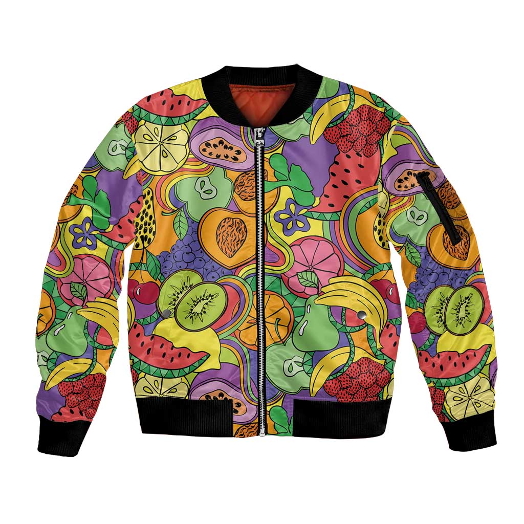 Hawaii Fruits Hippie Style Sleeve Zip Bomber Jacket Vibrant Colorful