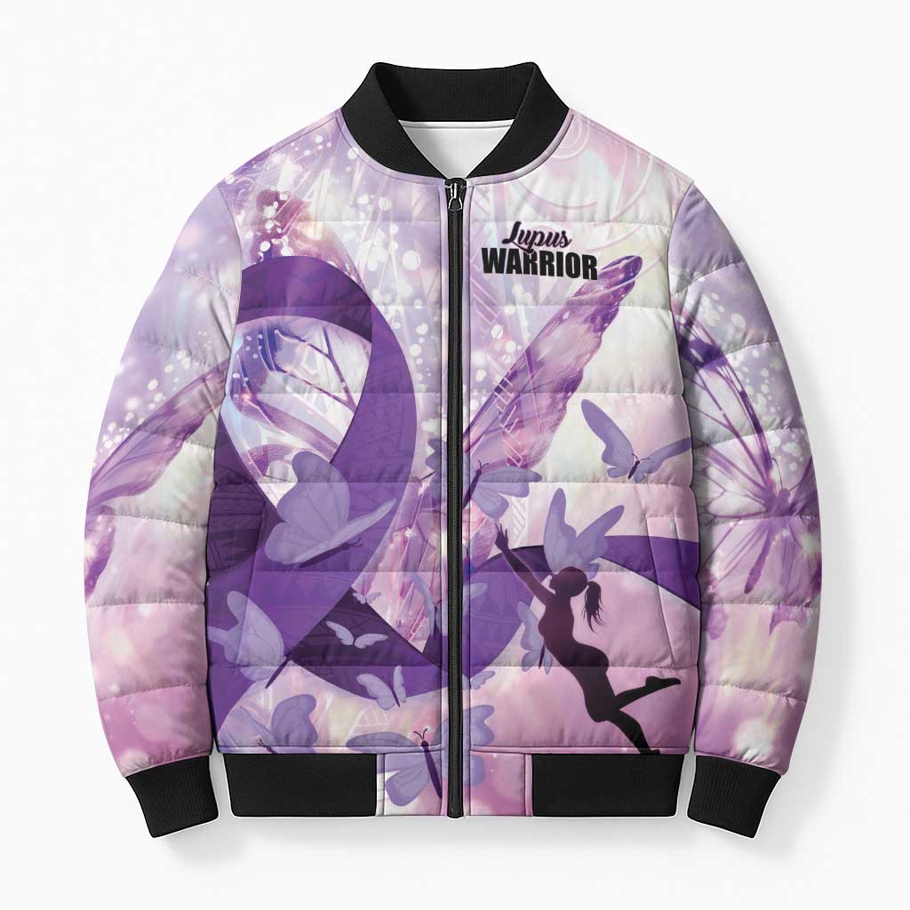 Personalized Polynesian Lupus Awareness Bomber Puffer Jacket Butterfly Hologram Lupus Warrior LT01 Unisex Purple - Polynesian Pride