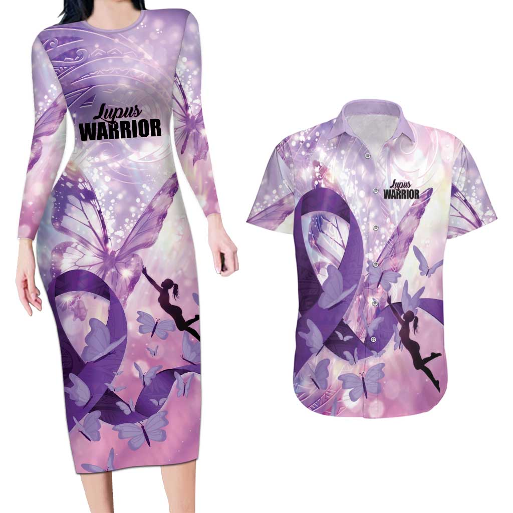 Personalized Polynesian Lupus Awareness Couples Matching Long Sleeve Bodycon Dress and Hawaiian Shirt Butterfly Hologram Lupus Warrior LT01 Purple - Polynesian Pride
