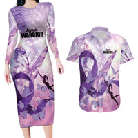 Personalized Polynesian Lupus Awareness Couples Matching Long Sleeve Bodycon Dress and Hawaiian Shirt Butterfly Hologram Lupus Warrior LT01 Purple - Polynesian Pride