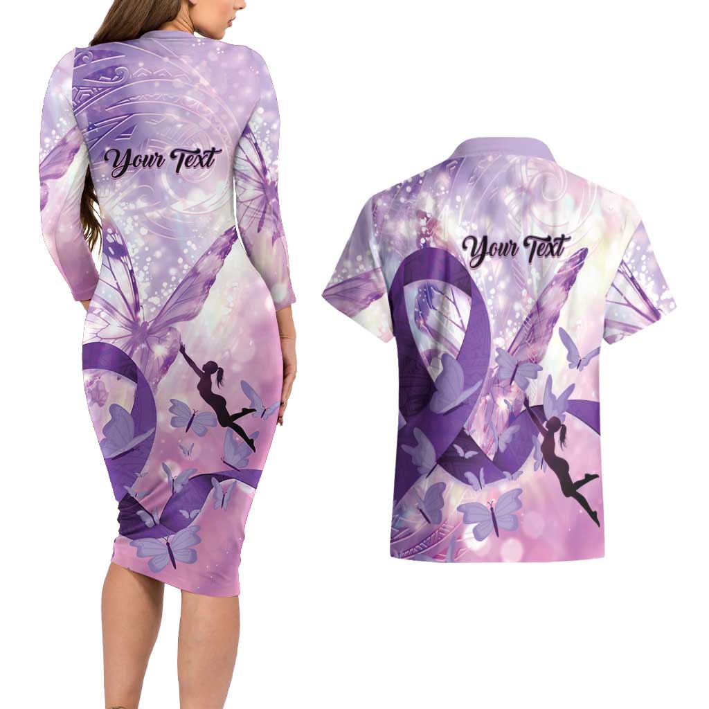 Personalized Polynesian Lupus Awareness Couples Matching Long Sleeve Bodycon Dress and Hawaiian Shirt Butterfly Hologram Lupus Warrior LT01 - Polynesian Pride