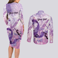 Personalized Polynesian Lupus Awareness Couples Matching Long Sleeve Bodycon Dress and Long Sleeve Button Shirt Butterfly Hologram Lupus Warrior