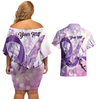 Personalized Polynesian Lupus Awareness Couples Matching Off Shoulder Short Dress and Hawaiian Shirt Butterfly Hologram Lupus Warrior LT01 - Polynesian Pride