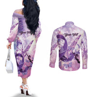 Personalized Polynesian Lupus Awareness Couples Matching Off The Shoulder Long Sleeve Dress and Long Sleeve Button Shirt Butterfly Hologram Lupus Warrior LT01 - Polynesian Pride