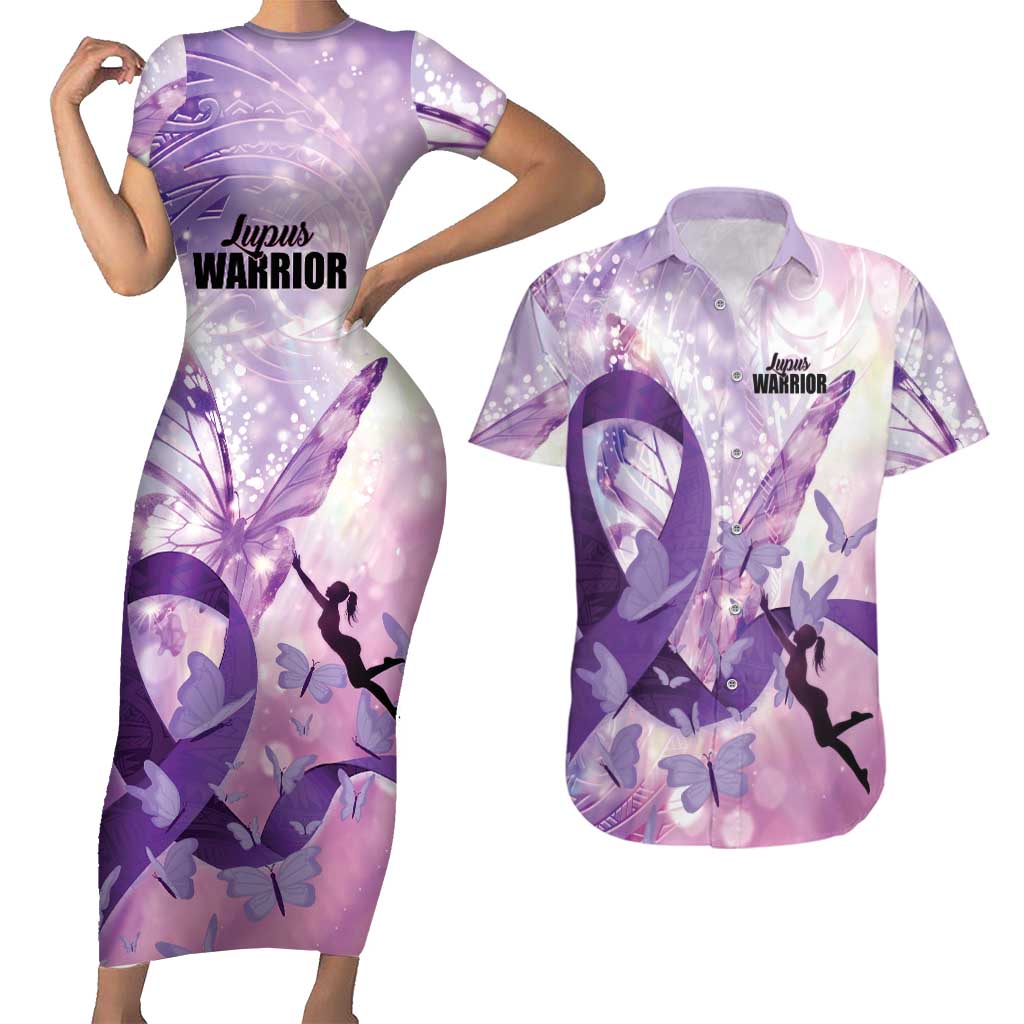Personalized Polynesian Lupus Awareness Couples Matching Short Sleeve Bodycon Dress and Hawaiian Shirt Butterfly Hologram Lupus Warrior LT01 Purple - Polynesian Pride