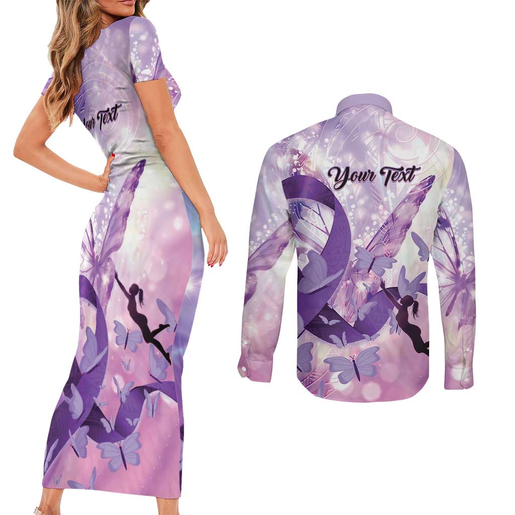 Personalized Polynesian Lupus Awareness Couples Matching Short Sleeve Bodycon Dress and Long Sleeve Button Shirt Butterfly Hologram Lupus Warrior