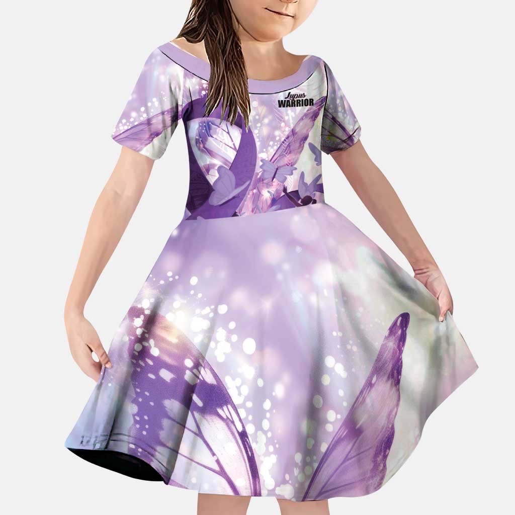Personalized Polynesian Lupus Awareness Family Matching Long Sleeve Bodycon Dress and Hawaiian Shirt Butterfly Hologram Lupus Warrior LT01 Daughter's Dress Purple - Polynesian Pride