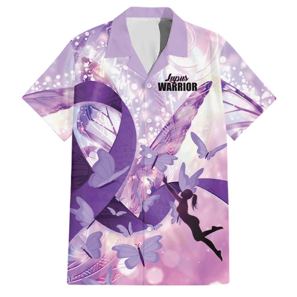 Personalized Polynesian Lupus Awareness Family Matching Long Sleeve Bodycon Dress and Hawaiian Shirt Butterfly Hologram Lupus Warrior LT01 Dad's Shirt - Short Sleeve Purple - Polynesian Pride