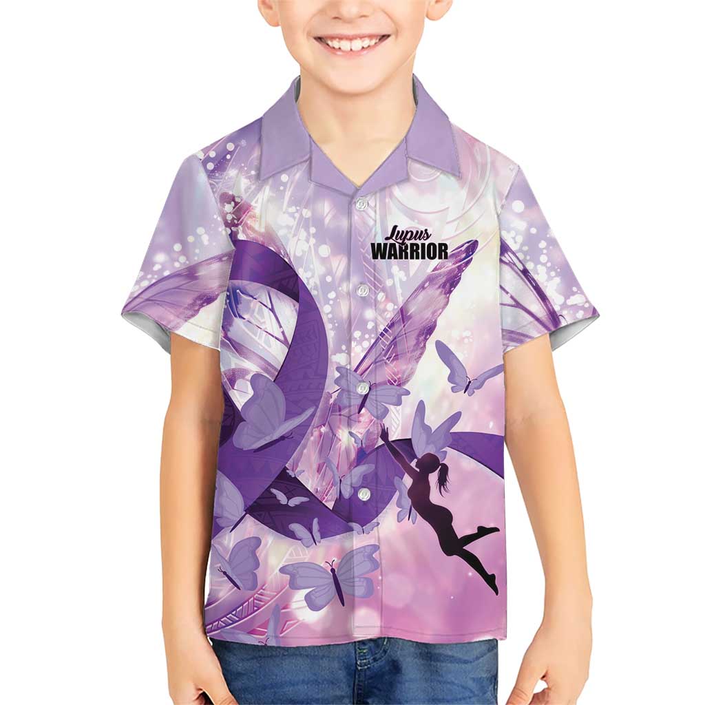 Personalized Polynesian Lupus Awareness Family Matching Long Sleeve Bodycon Dress and Hawaiian Shirt Butterfly Hologram Lupus Warrior LT01 Son's Shirt Purple - Polynesian Pride