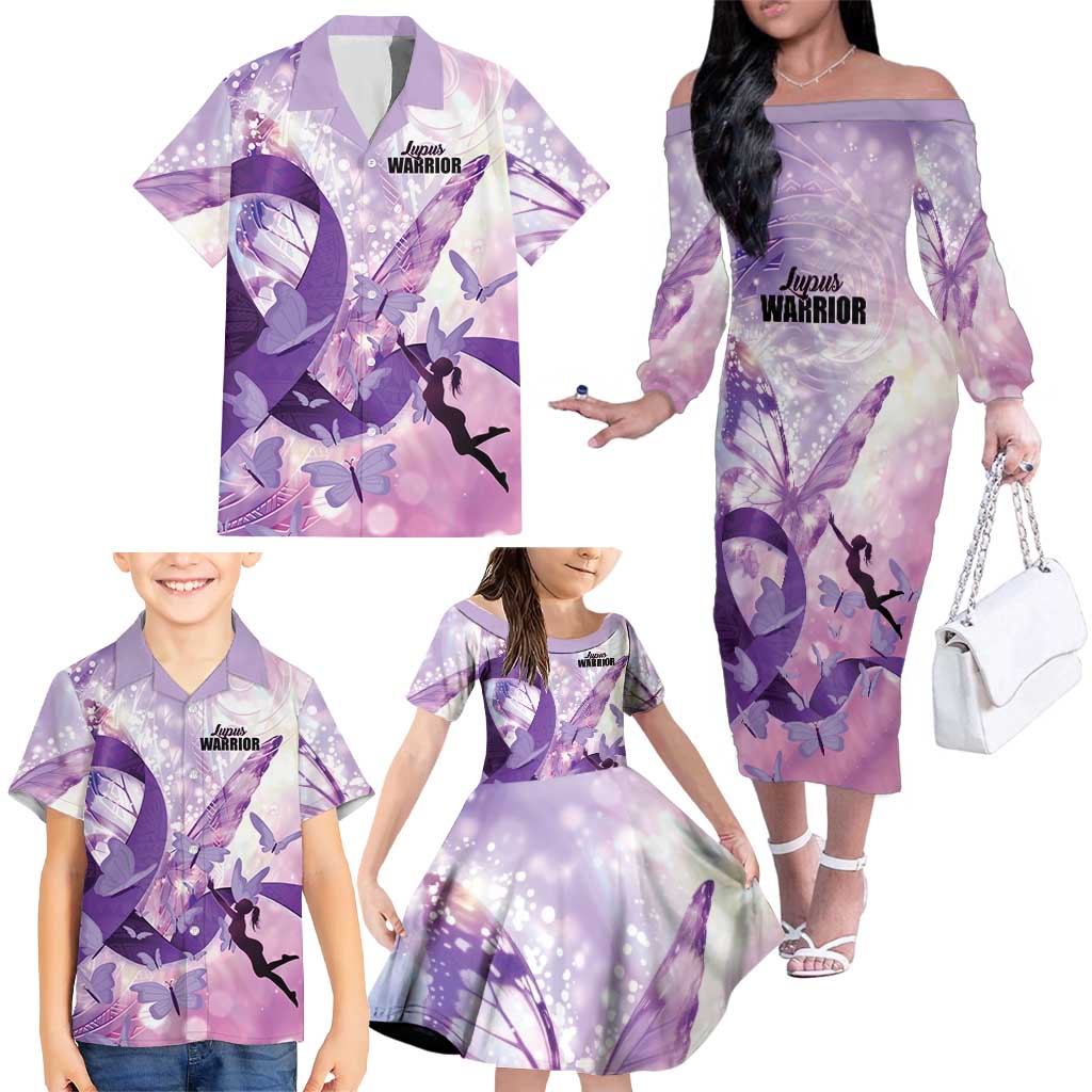 Personalized Polynesian Lupus Awareness Family Matching Off The Shoulder Long Sleeve Dress and Hawaiian Shirt Butterfly Hologram Lupus Warrior