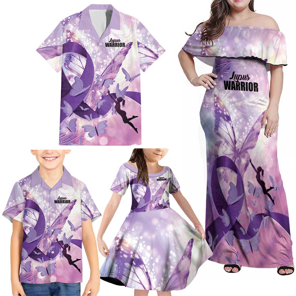 Personalized Polynesian Lupus Awareness Family Matching Off Shoulder Maxi Dress and Hawaiian Shirt Butterfly Hologram Lupus Warrior LT01 - Polynesian Pride