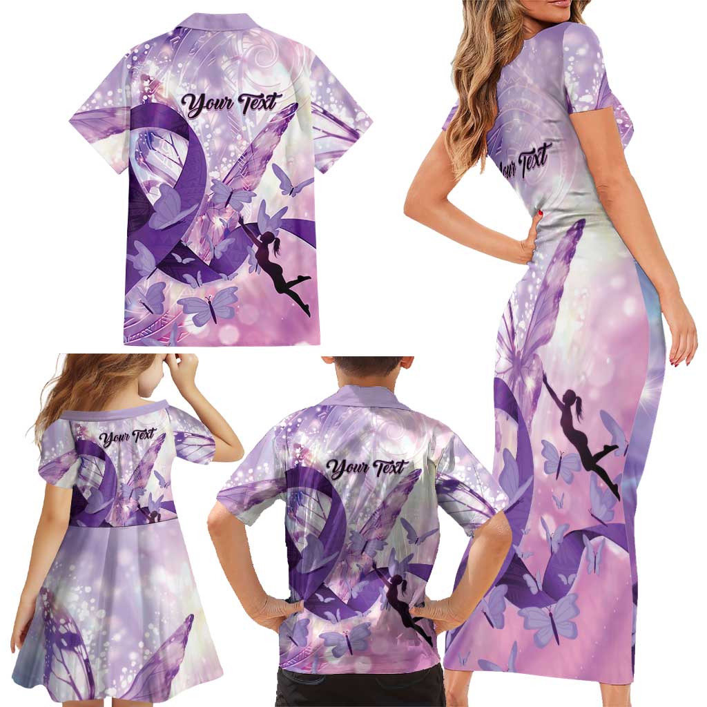 Personalized Polynesian Lupus Awareness Family Matching Short Sleeve Bodycon Dress and Hawaiian Shirt Butterfly Hologram Lupus Warrior