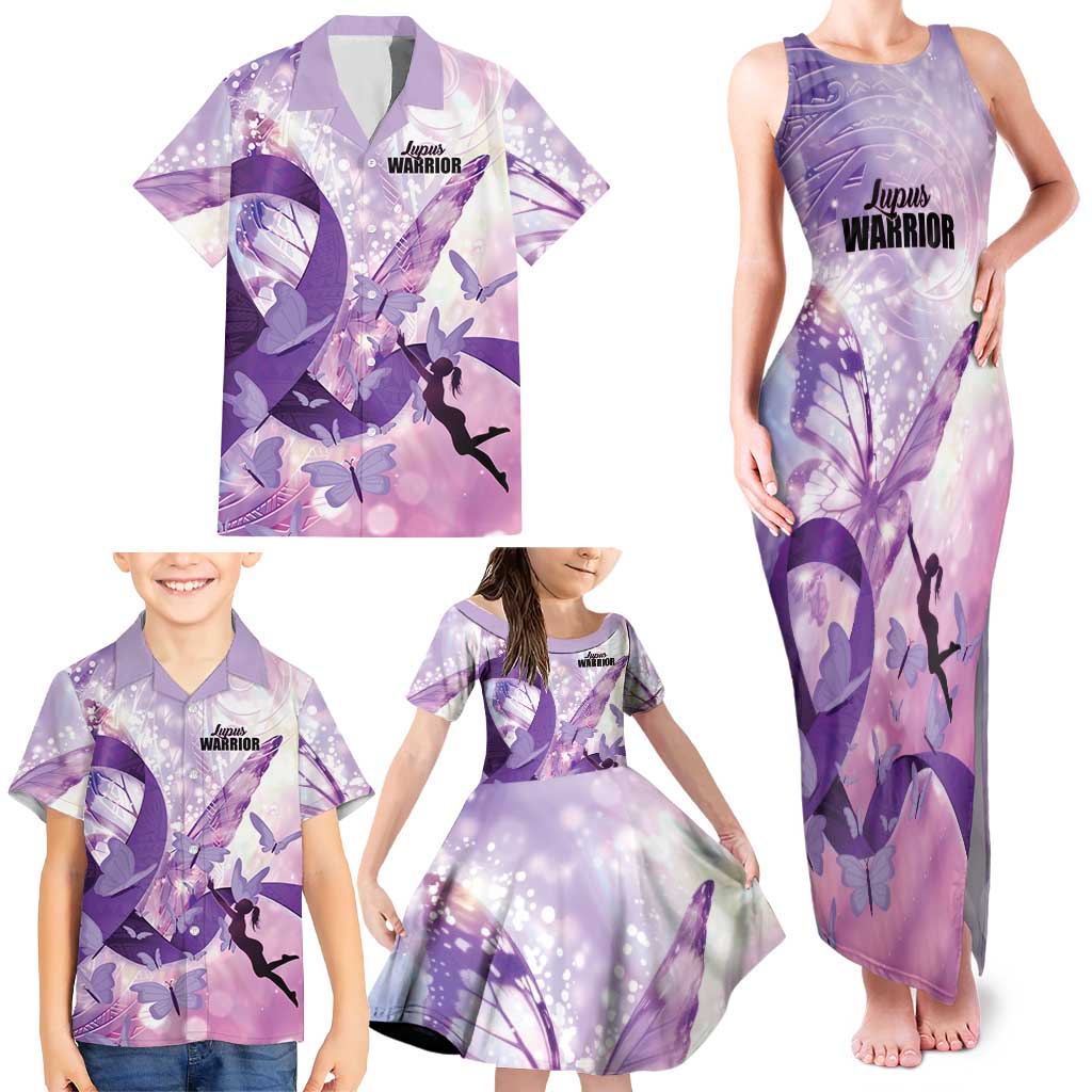 Personalized Polynesian Lupus Awareness Family Matching Tank Maxi Dress and Hawaiian Shirt Butterfly Hologram Lupus Warrior