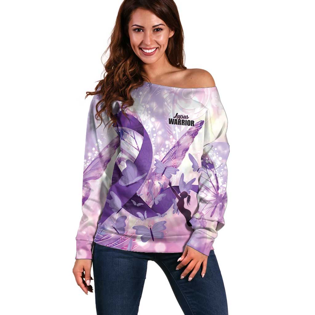 Personalized Polynesian Lupus Awareness Off Shoulder Sweater Butterfly Hologram Lupus Warrior