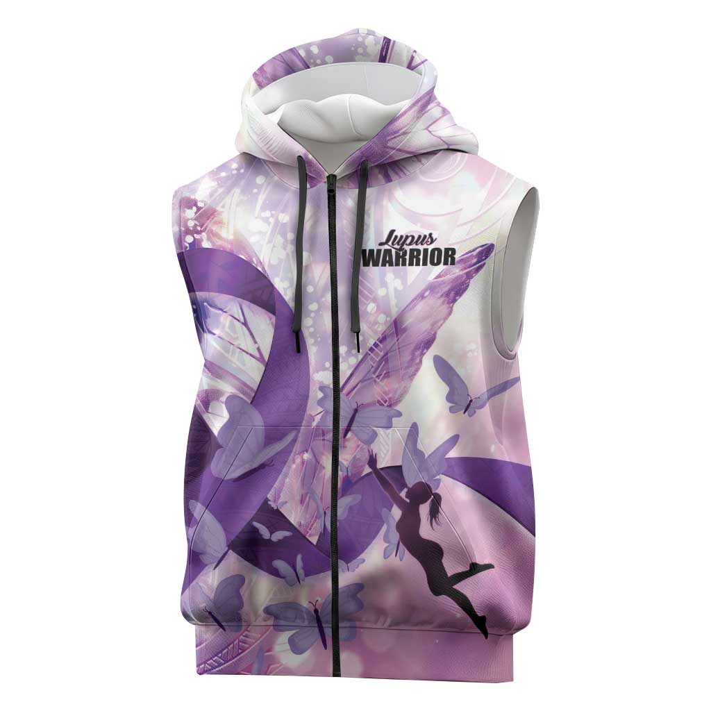 Personalized Polynesian Lupus Awareness Sleeveless Zip Hoodie Butterfly Hologram Lupus Warrior LT01 Purple - Polynesian Pride