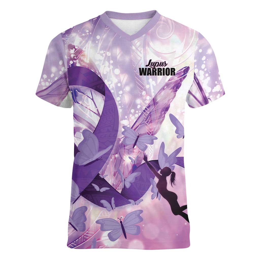 Personalized Polynesian Lupus Awareness Women V-Neck T-Shirt Butterfly Hologram Lupus Warrior LT01 Female Purple - Polynesian Pride