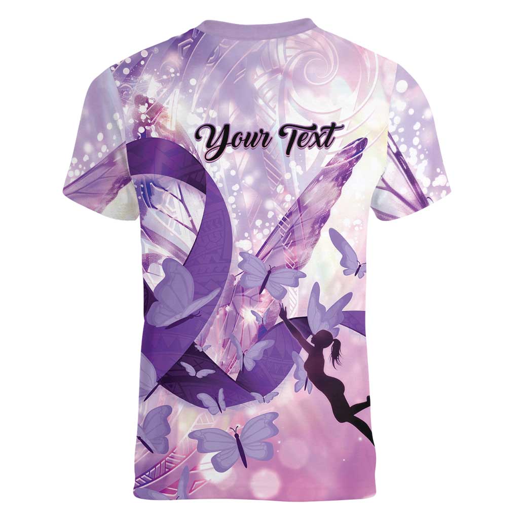 Personalized Polynesian Lupus Awareness Women V-Neck T-Shirt Butterfly Hologram Lupus Warrior LT01 - Polynesian Pride