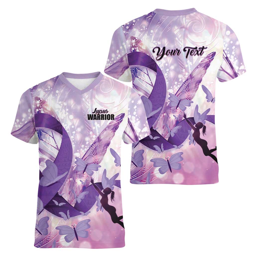 Personalized Polynesian Lupus Awareness Women V-Neck T-Shirt Butterfly Hologram Lupus Warrior LT01 - Polynesian Pride