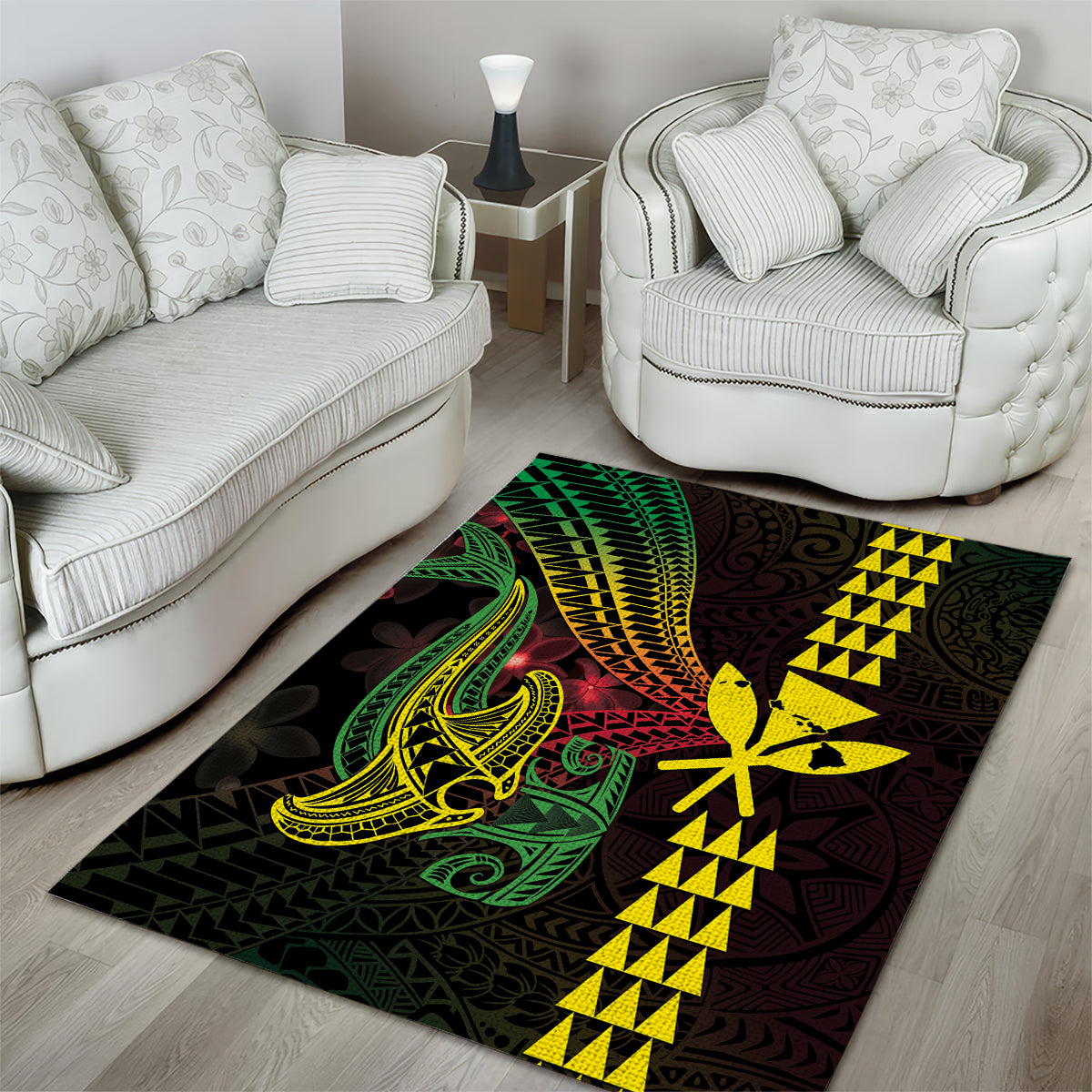 Hawaii Kakau Hammerhead Shark Area Rug Neon Plumeria Pattern
