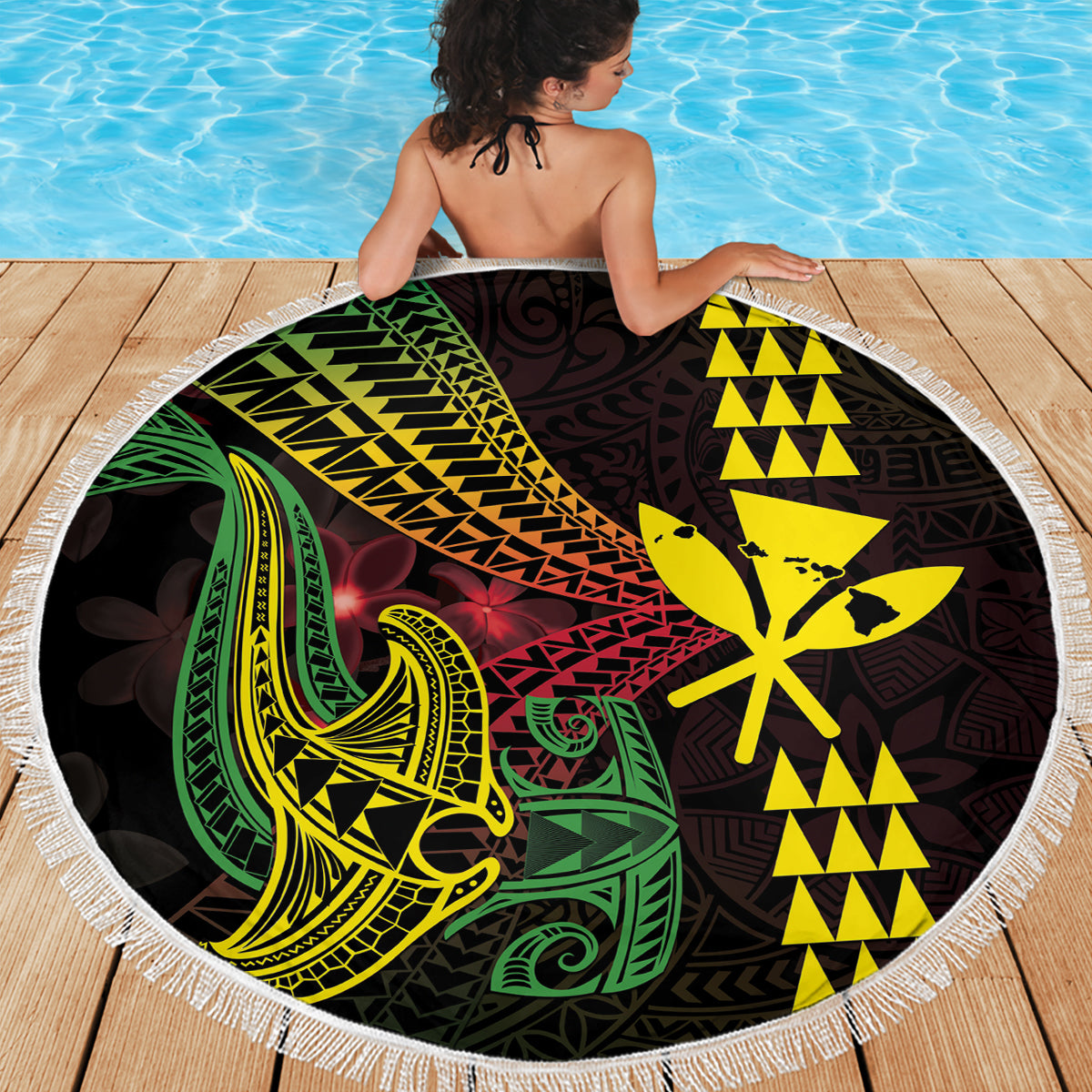 Hawaii Kakau Hammerhead Shark Beach Blanket Neon Plumeria Pattern