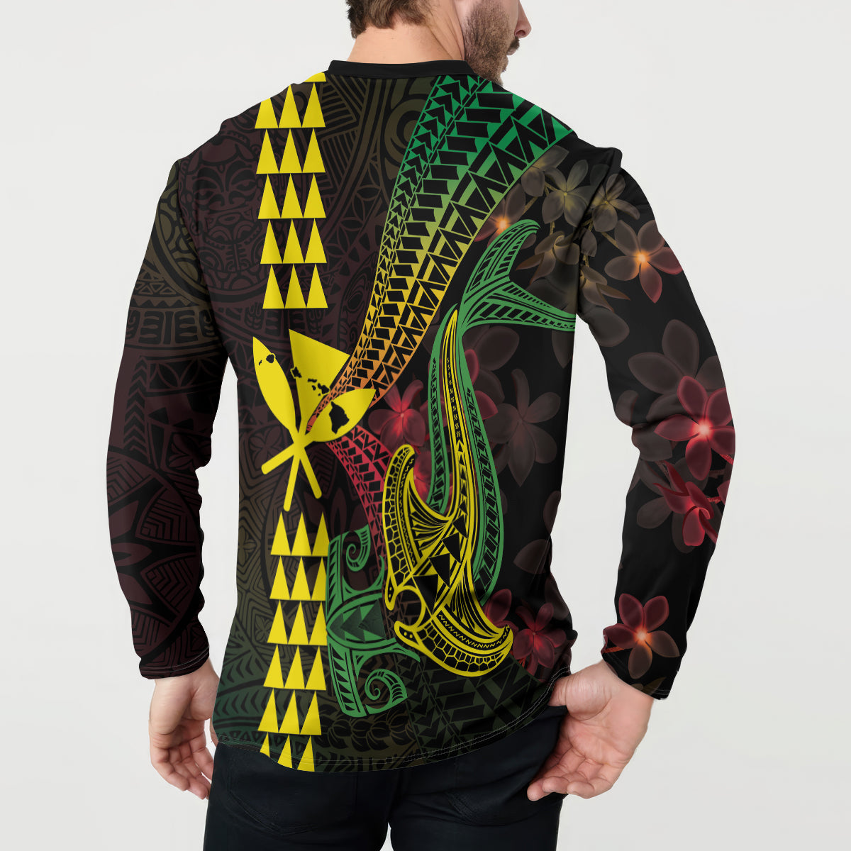 Hawaii Kakau Hammerhead Shark Button Sweatshirt Neon Plumeria Pattern