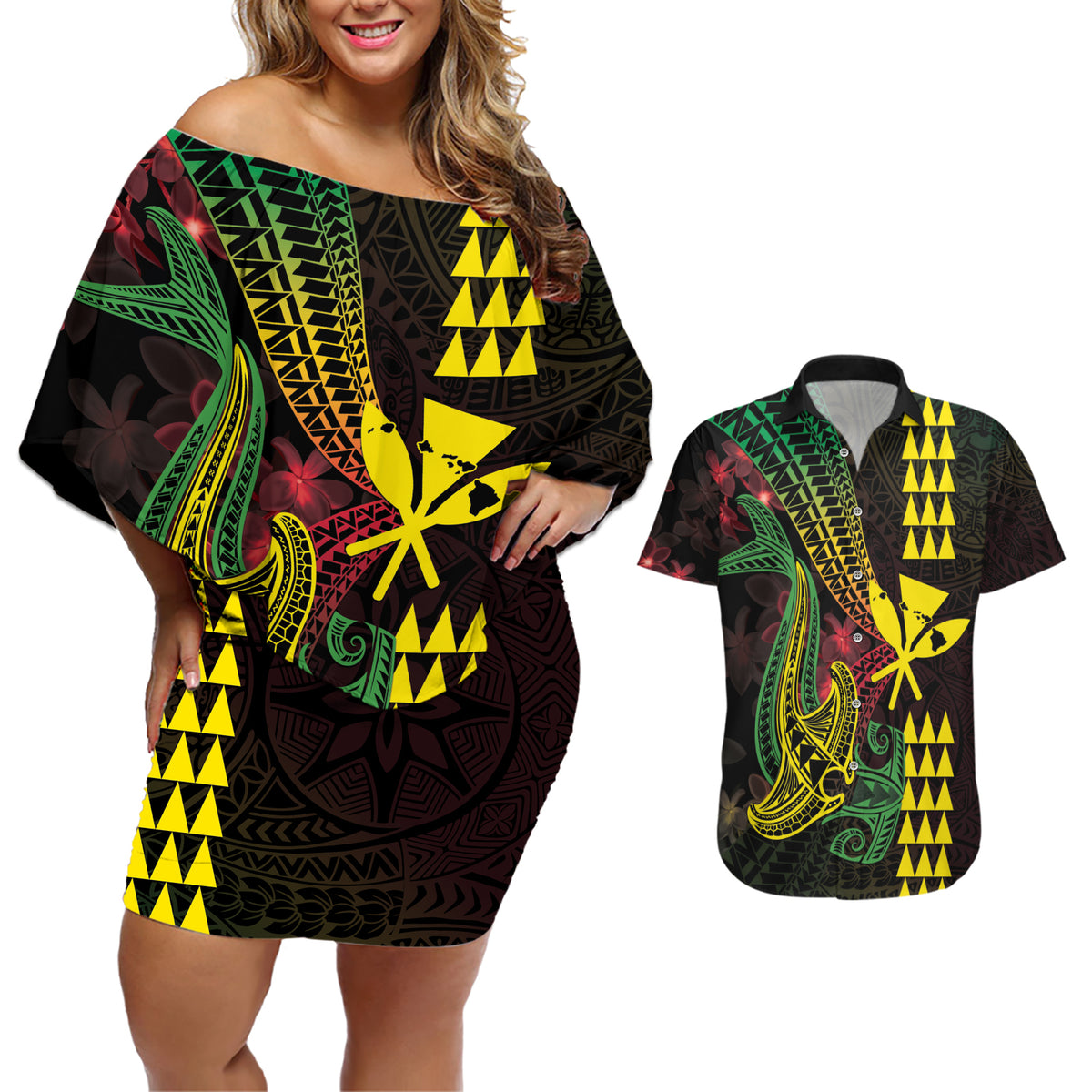 Hawaii Kakau Hammerhead Shark Couples Matching Off Shoulder Short Dress and Hawaiian Shirt Neon Plumeria Pattern