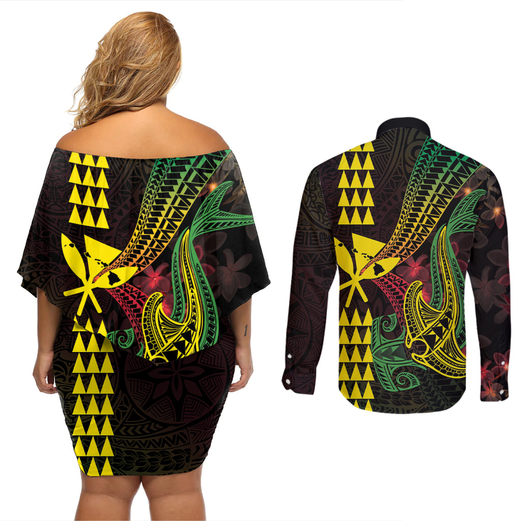 Hawaii Kakau Hammerhead Shark Couples Matching Off Shoulder Short Dress and Long Sleeve Button Shirt Neon Plumeria Pattern