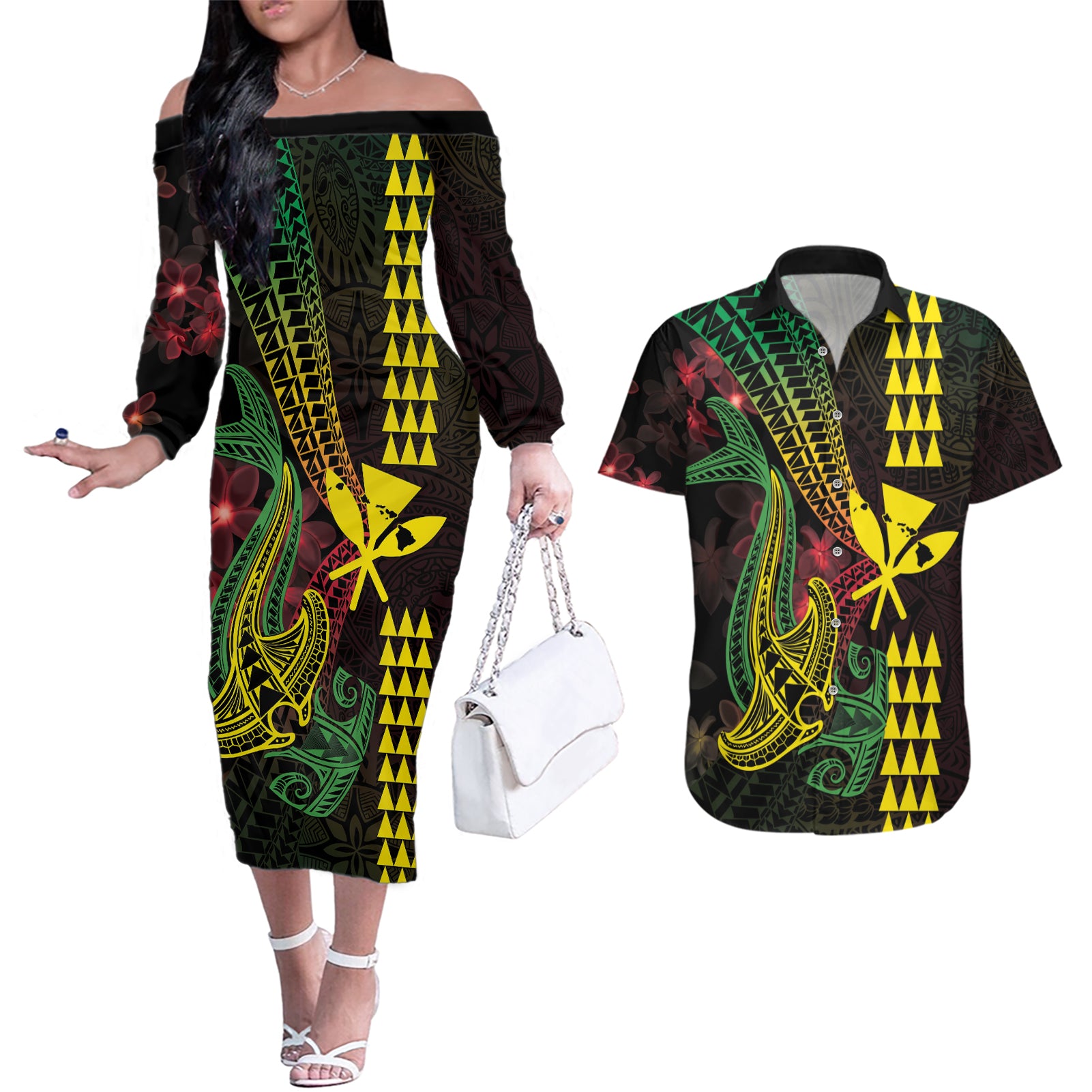 Hawaii Kakau Hammerhead Shark Couples Matching Off The Shoulder Long Sleeve Dress and Hawaiian Shirt Neon Plumeria Pattern