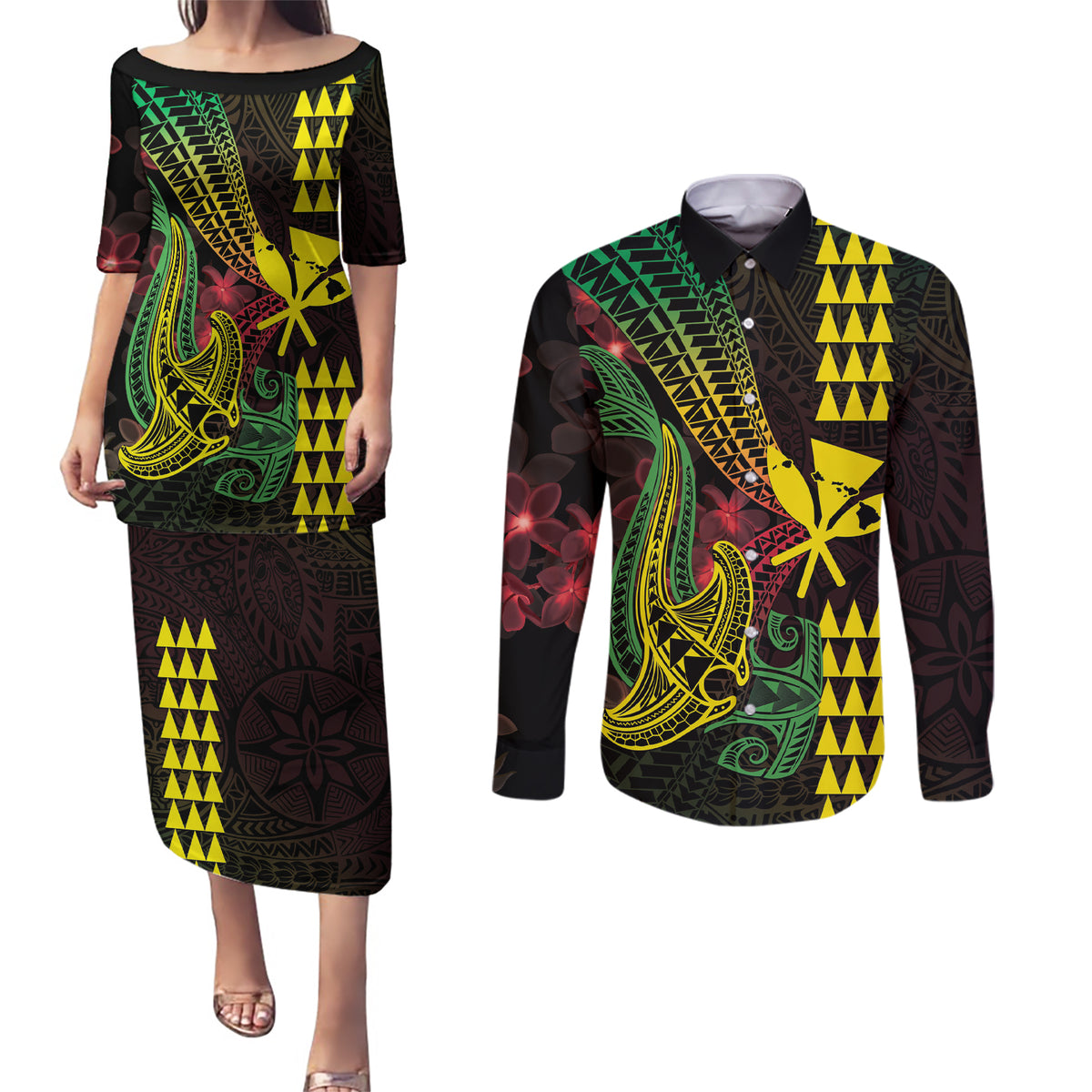 Hawaii Kakau Hammerhead Shark Couples Matching Puletasi and Long Sleeve Button Shirt Neon Plumeria Pattern