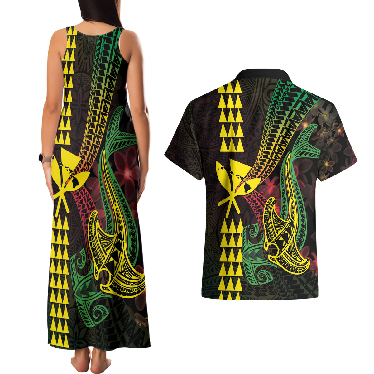 Hawaii Kakau Hammerhead Shark Couples Matching Tank Maxi Dress and Hawaiian Shirt Neon Plumeria Pattern