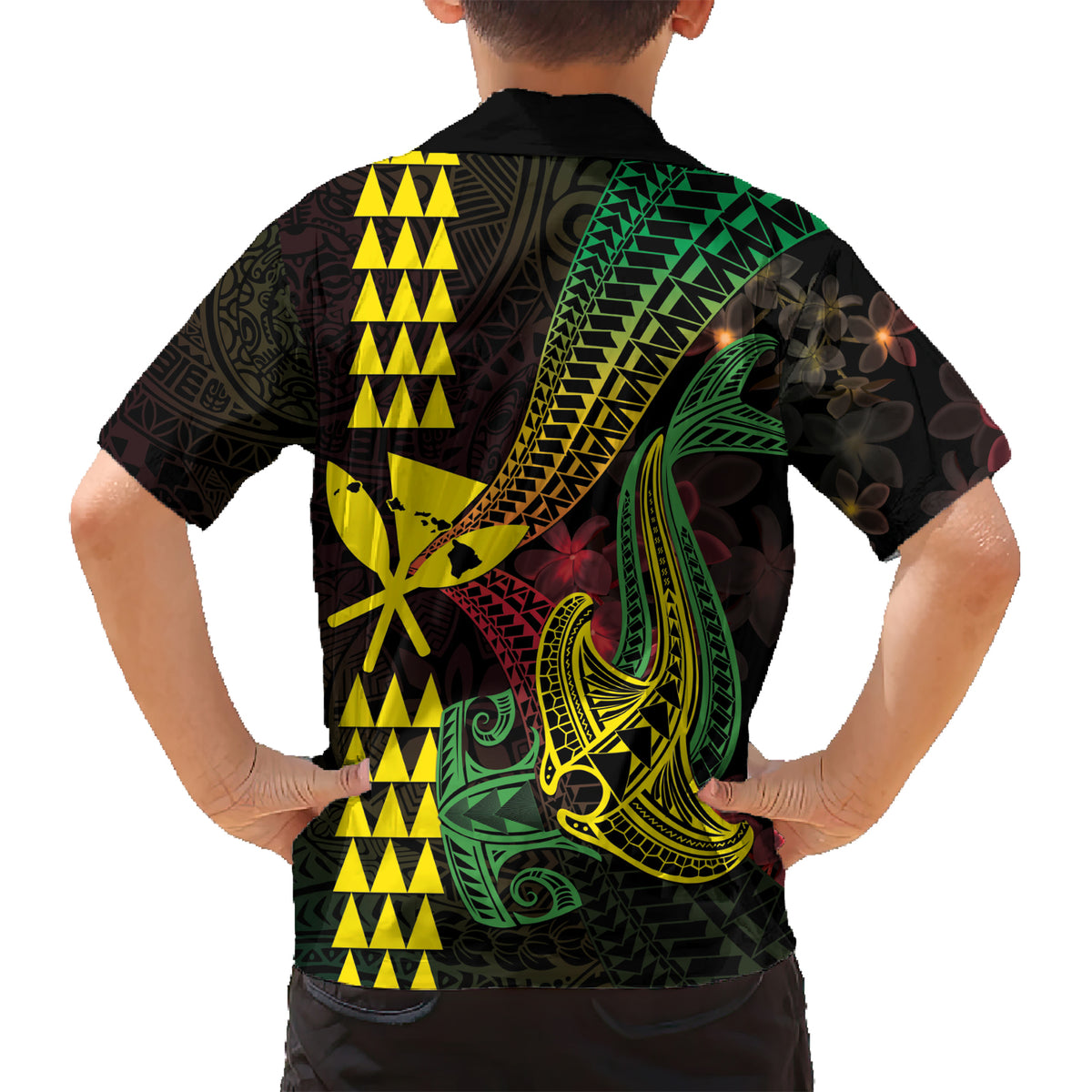 Hawaii Kakau Hammerhead Shark Kid Hawaiian Shirt Neon Plumeria Pattern