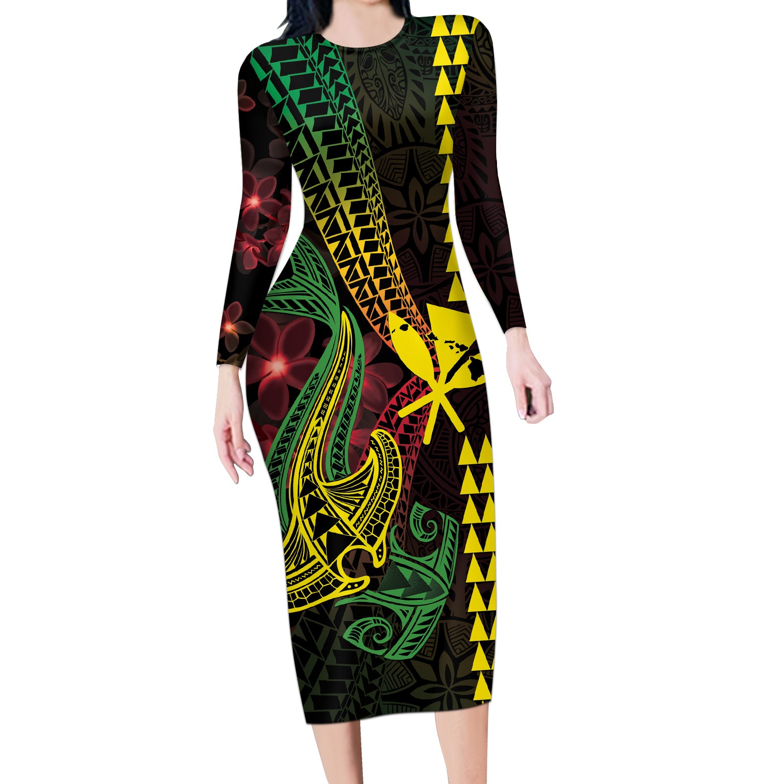 Hawaii Kakau Hammerhead Shark Long Sleeve Bodycon Dress Neon Plumeria Pattern