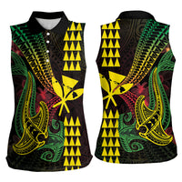 Hawaii Kakau Hammerhead Shark Women Sleeveless Polo Shirt Neon Plumeria Pattern