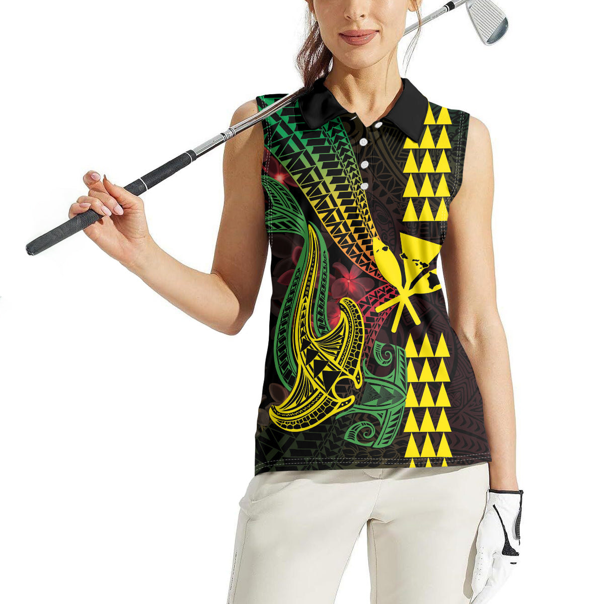 Hawaii Kakau Hammerhead Shark Women Sleeveless Polo Shirt Neon Plumeria Pattern