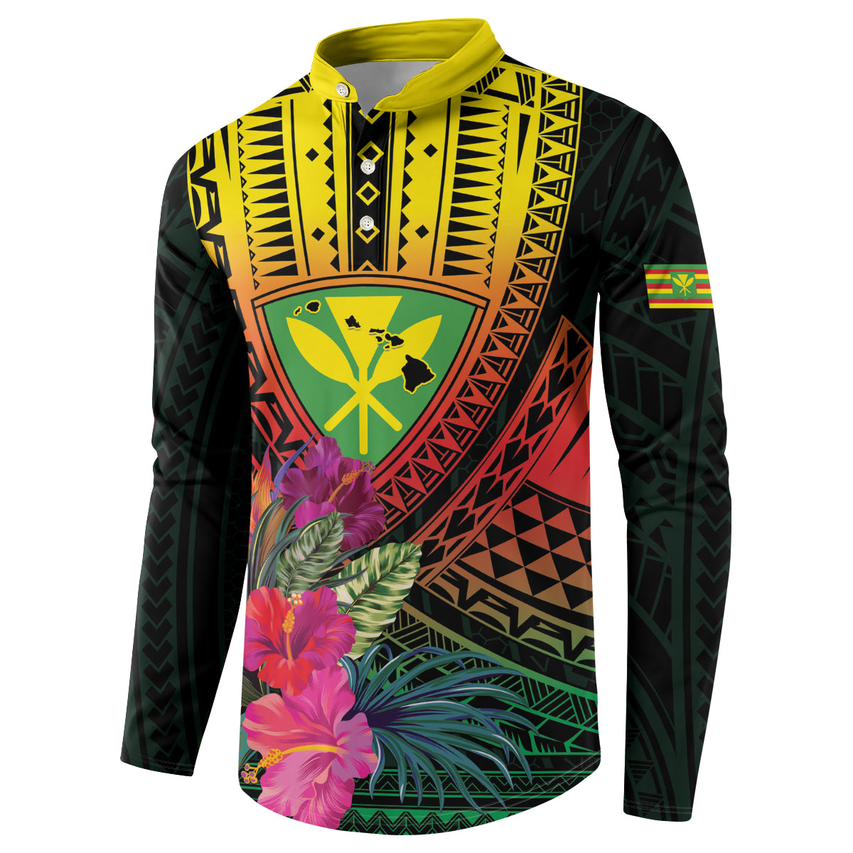 Hawaii Kanaka Maoli Flag Day Button Sweatshirt Tropical Flowers