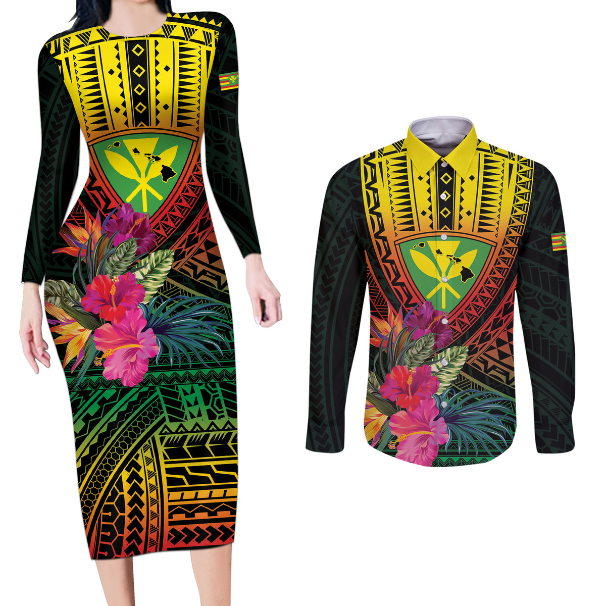 Hawaii Kanaka Maoli Flag Day Couples Matching Long Sleeve Bodycon Dress and Long Sleeve Button Shirt Tropical Flowers