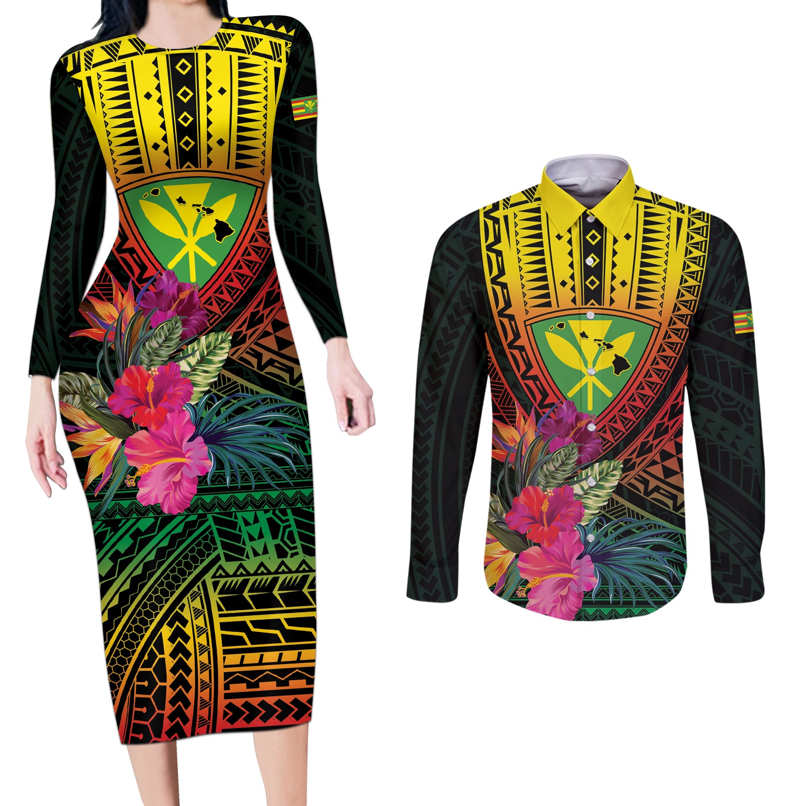 Hawaii Kanaka Maoli Flag Day Couples Matching Long Sleeve Bodycon Dress and Long Sleeve Button Shirt Tropical Flowers