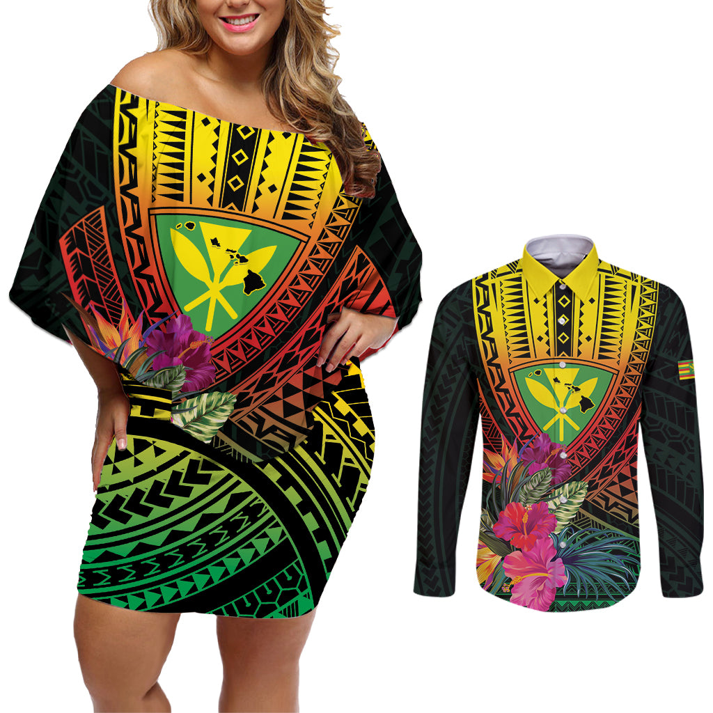 Hawaii Kanaka Maoli Flag Day Couples Matching Off Shoulder Short Dress and Long Sleeve Button Shirt Tropical Flowers