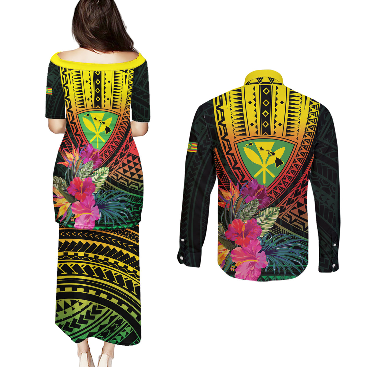 Hawaii Kanaka Maoli Flag Day Couples Matching Puletasi and Long Sleeve Button Shirt Tropical Flowers