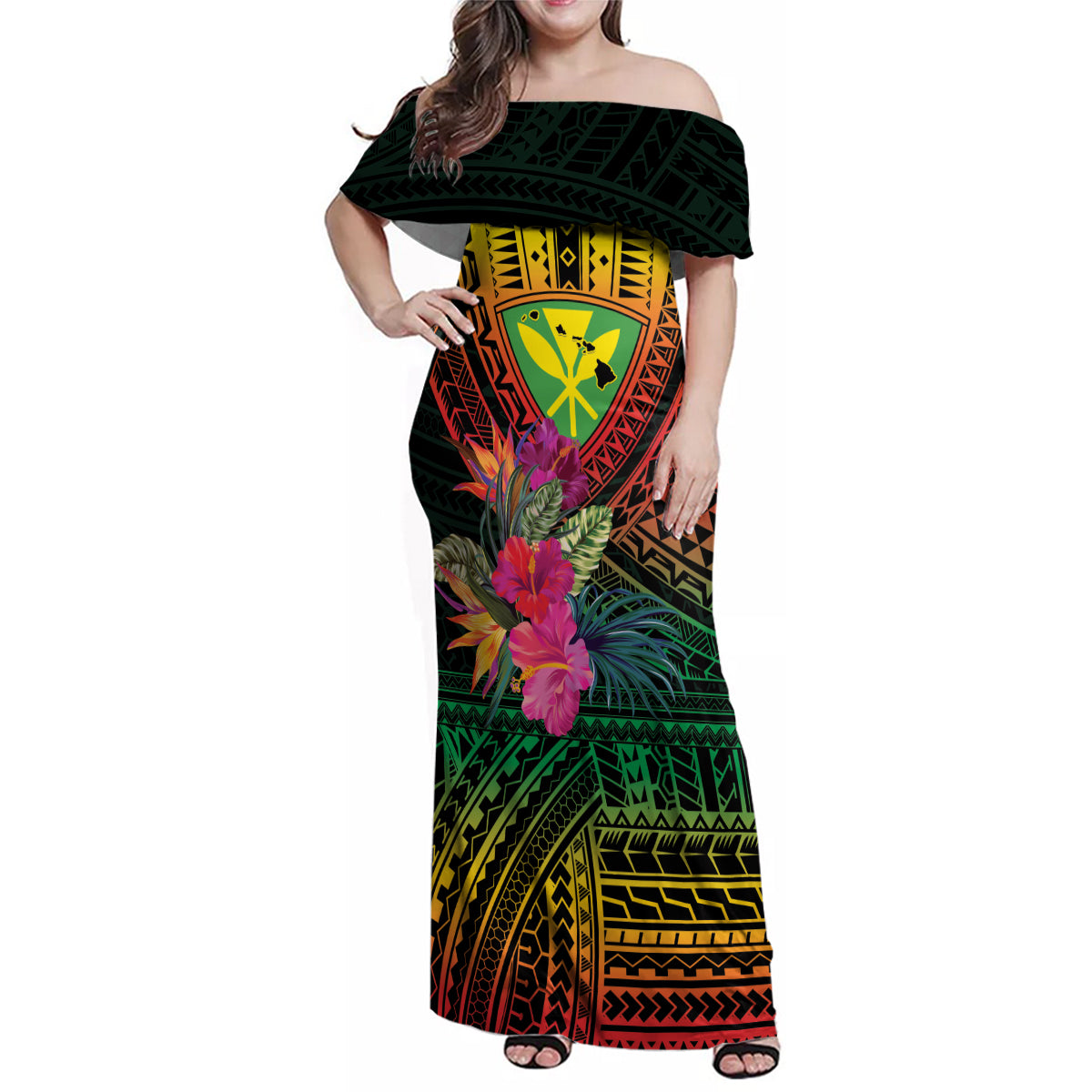 Hawaii Kanaka Maoli Flag Day Family Matching Off Shoulder Maxi Dress and Hawaiian Shirt Tropical Flowers